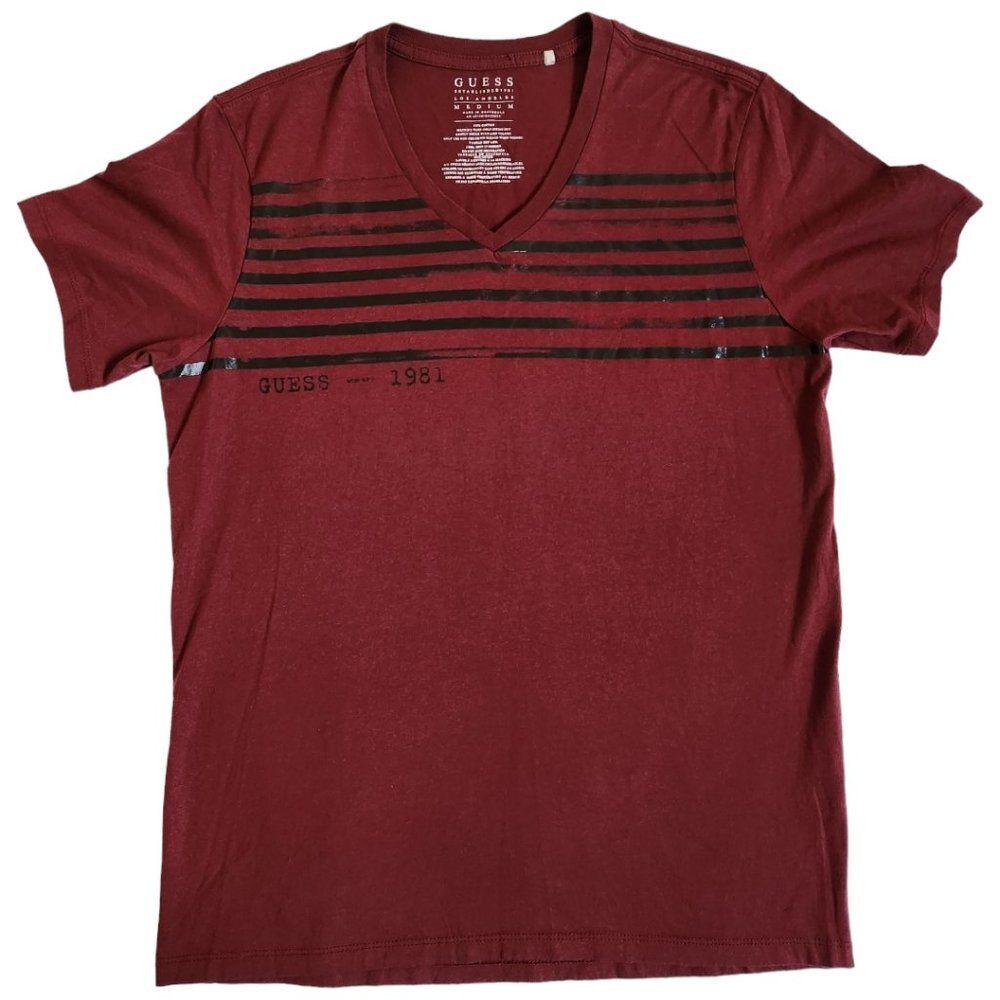 Guess burgundy red black v neck short sleeve t shirt sz M